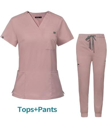 Viaoli Scrubs for Women Set Scrub Top Jogger Pant Workwear Clinical Modern Athletic Suit Medical Uniforms - Pink - X-Small - 10 Pockets