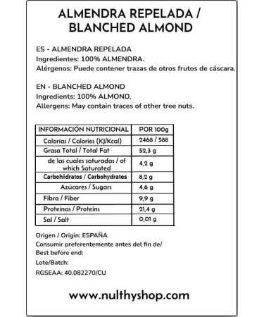  NULTHY NULTHY - Natural peeled almonds - Natural skinless dried fruit - Conventionally grown - Origin Spain - Gluten free - Vegan - 1 kg (1 kg) - Buy Online on GoSupps.com