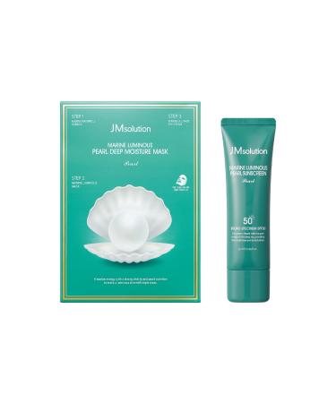 JMsolution Marine Luminous Pearl Sunscreen SPF 50 & 3-Step Deep Moisture Mask Bundle | Hydrating & Brightening Korean Skincare | Daily UV & Blue