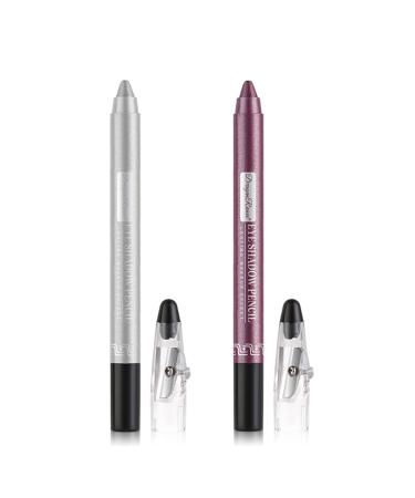 Eyeshadow Stick 2Pcs Glitter Eye Shadow Pencil Shimmer Cream Eyeshadow Pen Crayon Pearlescent Eyeliner Lasting Waterproof And Not Blooming Smudge-proof Long Lasting Eye Make Up Pearly Grey & Fog Purple