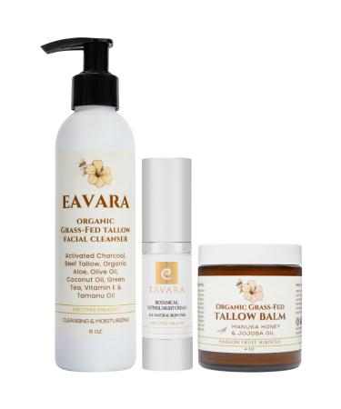 Eavara Beef Tallow Face Wash Night Cream and Tallow Balm Set Ultra-Hydrating Skincare Trio with Grass-Fed Tallow Retinol Aloe and Shea Butter Gently Cleanses Deeply Moisturizes Overnight
