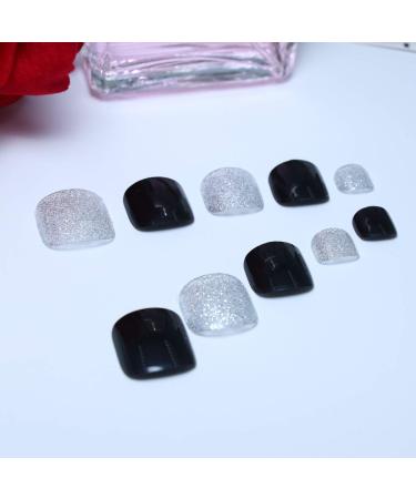 Shop Yienate Chic Bridal Black Bling Silver False Nails for Toes - Complete 24 Nail Tips for Exquisite Pedicure - Buy Online on GoSupps.com