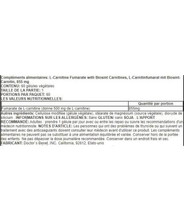 Doctor's Best L-Carnitine Fumarate 855mg - 60 Vegetable Capsules - Support for Energy and Vitality - Buy Online on GoSupps.com