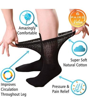 Diabetic Crew Socks - Breathable Cotton, Loose Fitting, Non-Binding Top Design - Pain Relief for Swollen Feet - Black (6 Pair, Size 9-11) - Buy Online on GoSupps.com