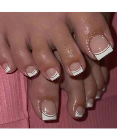 Kyzistn24pcs French False Toenails White Tip Press on Toe Nails Nude Stick on Toe Nails Removable Glue-on Toenails Fake Toe Nails Full Cover Acrylic Toe Nail Art Tips for Women