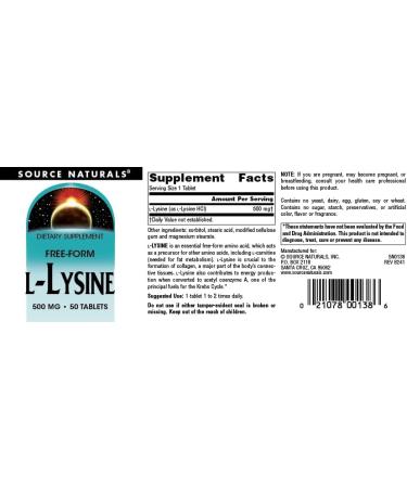 Buy Source Naturals L-Lysine 500 mg - Amino Acid Supplement for Energy & Collagen Support - 50 Tablets - International Shipping Available - Buy Online on GoSupps.com