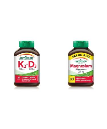 Vitamin K2 120 mcg + Vitamin D3 1 000 IU | Jamieson Magnesium 250 mg Ultra Strength Vitamin K2+D3 + Magnesium 250 mg