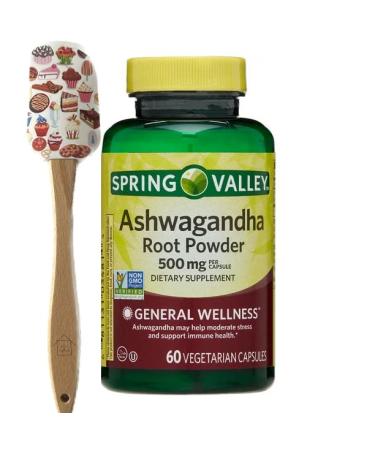 Spring Valley Ashwagandha Root Powder 500mg 60 Capsules + 1 Nick & Hannah Spatula (Style Varies)