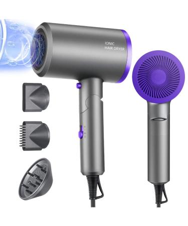 Hair Dryer, Foldable Ionic Hair Blow Dryer 1800W Fast Drying Professional Negative Hairdryer Blowdryer 3 Heat/ 2 Speed/ Cold Settings with 2 Nozzles & 1 Diffuser for Home & Travel Hair Styling Purple