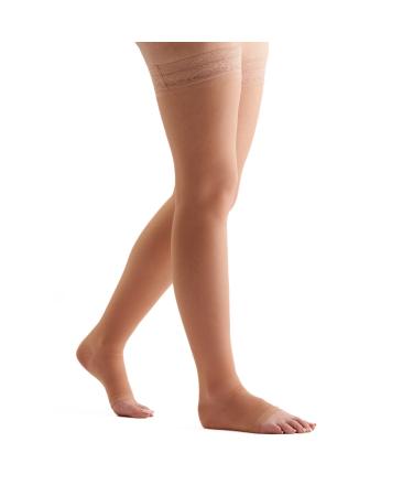 EvoNation Women's USA Made Thigh High Open Toe Compression Stockings 20-30 mmHg Firm Pressure Ladies Sheer Socks Lace Top Quality Support Hose - Best Comfort Circulation (Small Tan Beige Nude) S Nude