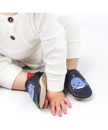 Dotty Fish Soft Leather Baby Shoes | Non Slip Toddler Shoes | Animal Designs for Boys/Girls | Navy Whale | 0-6 Months - 4-5 Years - Buy Online on GoSupps.com