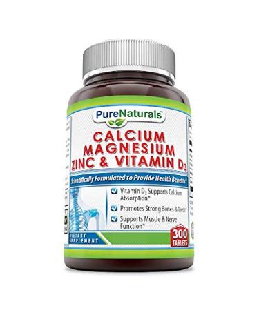 Pure Naturals Calcium Magnesium Zinc D3 | 300 Tablets Supplement | Calcium 1000mg Magnesium 400mg Zinc 25mg Vitamin D3 600 IU | Non-GMO | Gluten Free | Made in USA 100.0 Servings (Pack of 1)