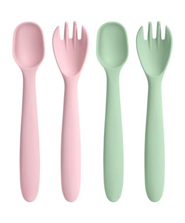 HOTUT Self-Feeding Weaning Spoons Forks 4pcs Silicone Baby Spoons Forks Toddler Utensils Spoons Forks Baby Fork and Spoon Set Easy Grip Bendable Perfect Self Feeding Spoon Fork - Green Pink