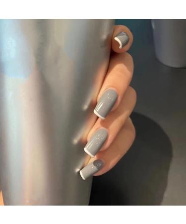 Vatocu Square Glossy Medium French Fake Nails - Grey Ballerina Press On Artificial Nails for Stunning Manicures - Buy Online on GoSupps.com