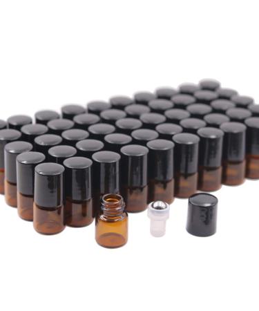 50 Pack 1ml Amber Glass Vials Roll On Bottle Glass Roller Bottle With Stainless Steel Roller Ball Black Cap Lid-Perfect Sample For Essential Oils Aromatherapy No Leak Free Opener&Dropper