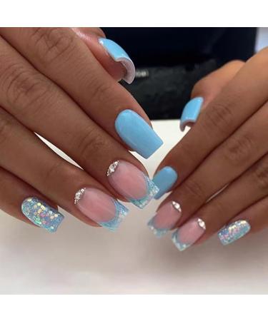 Yoolly 24pcs Short Square False French Tip False Nails Stick on Nails Glitter Press on Nails Removable Glue - on Fake Nails Acrylic Full Cover Nails Women Girls Nail Art Accessories (Flash Blue) - Buy Online on GoSupps.com