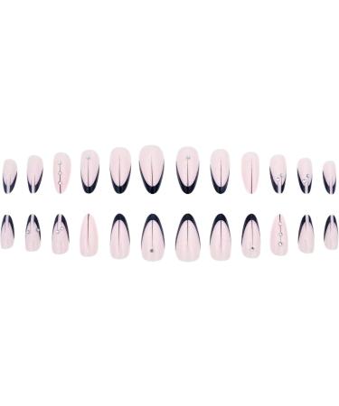 Justotry 24 Pcs Short Oval False Nails with Jewels | Black French Press On Nails | Striped Fake Nails with Nail Glue | Almond Medium Stick On Nails for Women | Nail Art Accessories - Buy Online on GoSupps.com