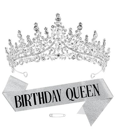Birthday Sash Birthday Queen Crown Crystal Birthday Tiara for Women Glitter Sash Crowns for Girls Rhinestones Headband Gift Party Birthday Decoration Set Silver