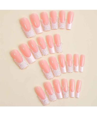 Foccna Square Press on Nails - 24pcs Long French Pink Acrylic False Nails for Women & Girls - Crystal Artificial Nail Art - Buy Online on GoSupps.com
