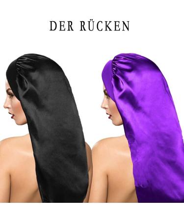 Shop Ladaypoa Long Satin Sleeping Cap - 2 Large Women's Sleep Hats for Long Braids | Extra Large Soft & Convenient Black + Deep Purple - Buy Online on GoSupps.com