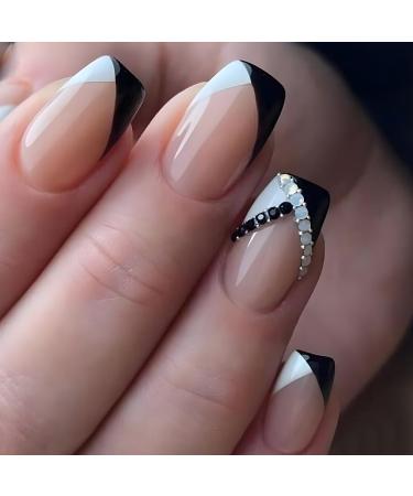 French Tip Press on Nails - Short Square Press On Nails with Nail Tips Black and white French Glitter Rhinestones fake nails press on nails Acrylic False Nails Cute Artificial Nails