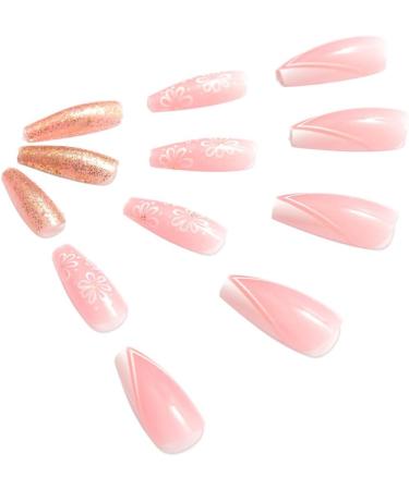 Coffin False Nails Long Fake Nails French Flowers Press on Nails Ballerina Acrylic Stick on Nails 24pcs for Women and Girls (Color : PINK Size : F) - Buy Online on GoSupps.com