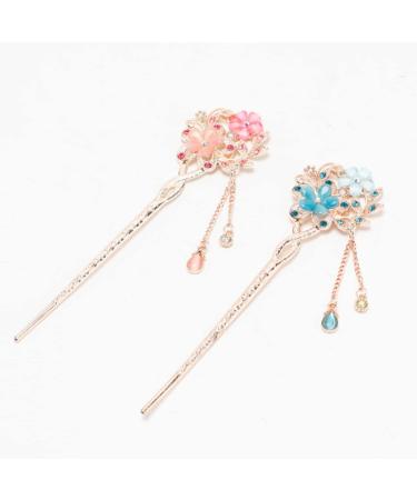 2 PCS Chinese Rhinestone Hair Chopsticks Pink Blue Flower Hair Stick Tassel Hair Pin Chignon Pin Accessories for Long Hair Women and Girls pink blue