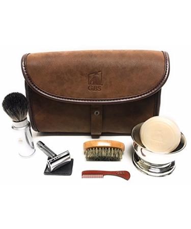 G.B.S Grooming Set for Gentlemen- Travel Kit Toiletry Leather bag+ Badger Bristles Double Edge Safety Razor Chrome Shaving Bowl Shaving Soap Boar Beard Brush & Mustache Comb