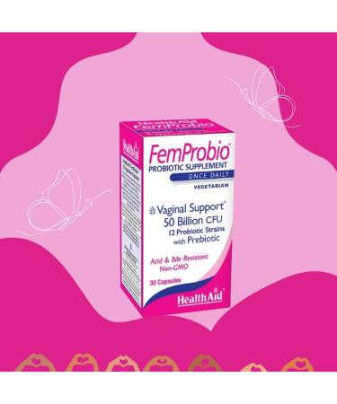 HealthAid FemProbio Once-Daily Probiotic with Prebiotic Fiber | 50 Billion CFU | 30 Vegetarian Capsules | Acid & Bile Resistant Lactose Gluten & GMO-Free - Buy Online on GoSupps.com