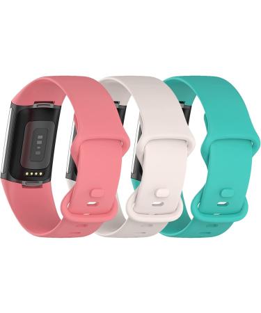 3 Pack BNBIDEN Sport Bands for Fitbit Charge 5 - Pink+Lunar White+Teal - Adjustable Silicone Wristband Strap - Women Men - Large Size - Buy Online on GoSupps.com