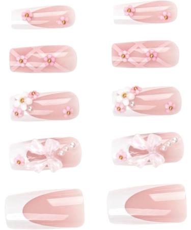 TQUXNGA Press on Nails Medium Long Craft False Nails Square 3D Flower Bowknot French Artificial Nails Finger Manicure Kit included - Buy Online on GoSupps.com