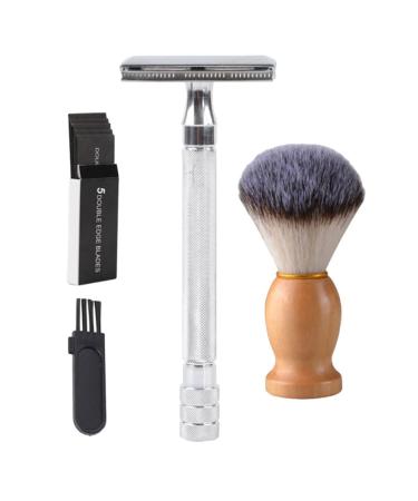 Fomiyes 1 set manual razor handwell for men wet shaver set hairdresser shaving set manual shaving set manual safety razor beard trash razor metal hairbrush man silver- 10.3x4cm