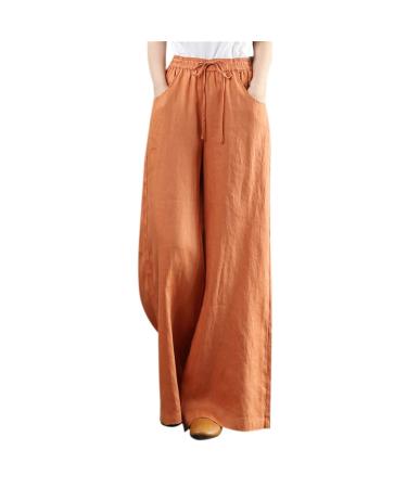 Kaniem Summer Pants High Waist Cotton Linen Wide Leg Pants 2023 Casual Flowy Elastic Waist Palazzo Pants Loose Fit Orange-c X-Large