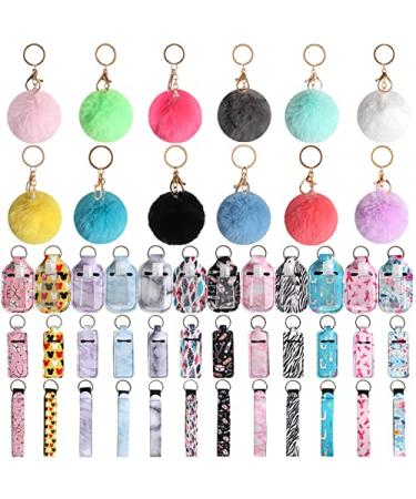 60 Pieces Travel Bottles Keychain Holder Set Including 12 Chapstick Holder 12 Keychain Wristlet Lanyards 12 Lipstick Holder Keychain 12 Ball Poms 12 Plastic Empty Bottles for Girls Women Traveling