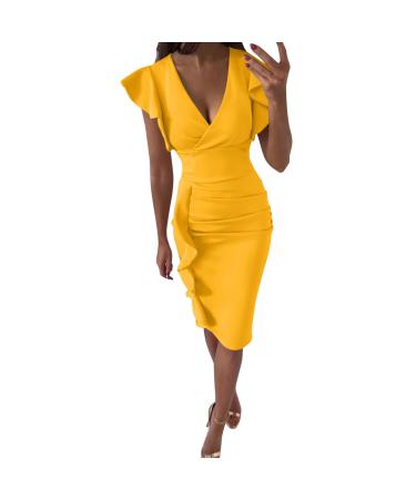 Briskorry V-neck flowers case of the knee long business dresses women summer elegant bustier festival dresses sexy ruffled hems moored sleeves tightness party dress vintage dress l sgelb