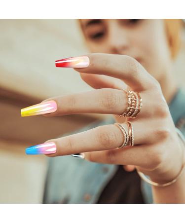 24 PCs Press On Nails Long Almond Rainbow Fake Nails Colorful Coffin Press On Nails Kit False Nails with Glue and Tools (CBJG-5 fix) - Buy Online on GoSupps.com