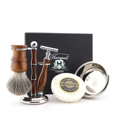 Haryali London Razor Set - 5 -part razor set made of wood - sustainable - shaving brushes Super roof hair shaving brush - double -edged safety razor - shaving rain shaving soap & bowl