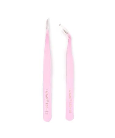 lijun 2PC Pink Steel Straight + Bend Tweezers Pliers for Eyelash Extensions Nail Art
