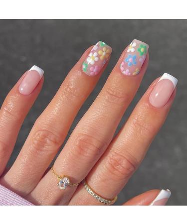 French Tip Press on Nails - Short Square Press On Nails with Nail Tips Simple multicolor small flower false nails press on nails Acrylic False Nails Cute Artificial Nails