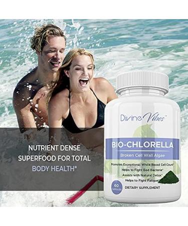 Divine Vibes Chlorella Spirulina Powder Capsules - 500 mg of Purest Raw Vegan Protein Green Superfood Broken Cell Wall 60 Count - Made in USA - Buy Online on GoSupps.com