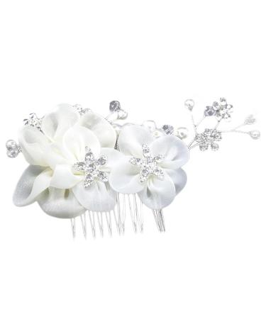 minkissy Floral Hair Comb Wedding Hair Comb Rhinestone Pearl Hair Combs Silk Flower Hair Comb for Bridal Princess Wedding Hair Combs Wedding Headpiece for Bride Girls White