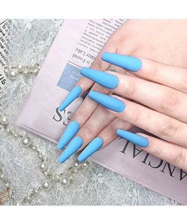 Sinlov 24 pieces Coffin matte wrong nails press incorrect nails ballerina long artificial nails complete cover wrong nails for women and girls (blue)