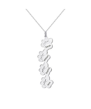 Exlarify personalized paw print necklace memorial necklace with personalized names for dog lovers PET memorial jewelry for animal lovers mom necklace with children's name mothers day gift 4-silver