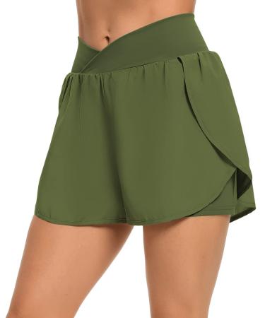 Quccefods Womens Cross Waist Workout Shorts with Pocket Quick-Dry Athletic Running Shorts Elastic High Waisted Shorts Army Green Large