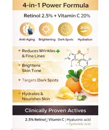 Retinol + Supreme Serum 2.5% Vitamin C 20% Hyaluronic Acid 5% Niacinamide 3.5% Anti-Aging Skin Repair Supercharged Face Serum - Buy Online on GoSupps.com