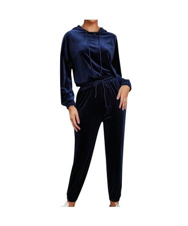 Sweatsuits for Women 2 Piece Outfits Velvet Tracksuit Sets Velour Hoodies Sweatshirt & Sweatpants Suits Blue XX-Large