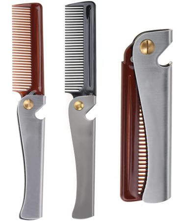 Beard Comb Folding Pocket Moustache Shaping Comb Stainless Steel Round Comb Teeth Beard Comb(Black acetate + stainless steel plating) - Buy Online on GoSupps.com