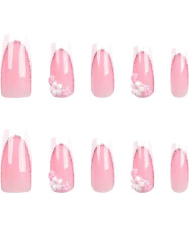 French Tip Press on Nails - Short Square Press On Nails with Nail Tips White edged long fake nails with glittering pink flower nails press on nails Acrylic False Nails Cute Artificial Nails - Buy Online on GoSupps.com