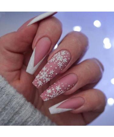 Handcess Christmas Coffin False Nails Matte Long Ballerina Press on Nails Snowflake Fake Nails White Pink French Acrylic Stick on Nails 24Pcs for Women and Girls