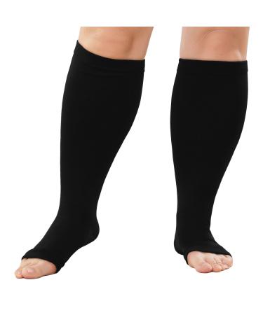 Lofir Medical compression stockings for women men: Open toes knee-high calves oversize support stockings Feasts 20-30 mmHg class 3 gradient compression socks black skin color black 7xl